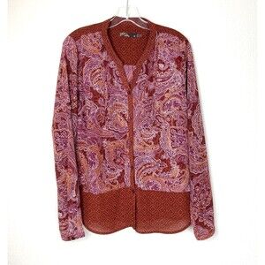 prAna Women's Evelyn Button Up Blouse Size M Brown Paisley Button Cuff Sleeve